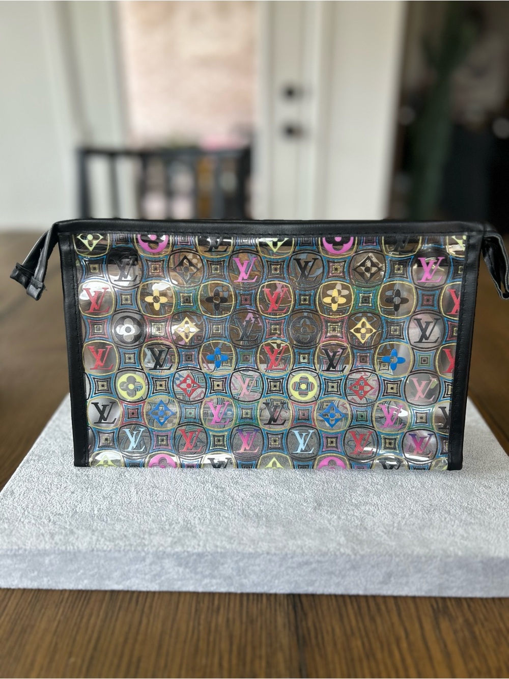Inspired Clear Multicolor Monogram Pouch with Black Trim
